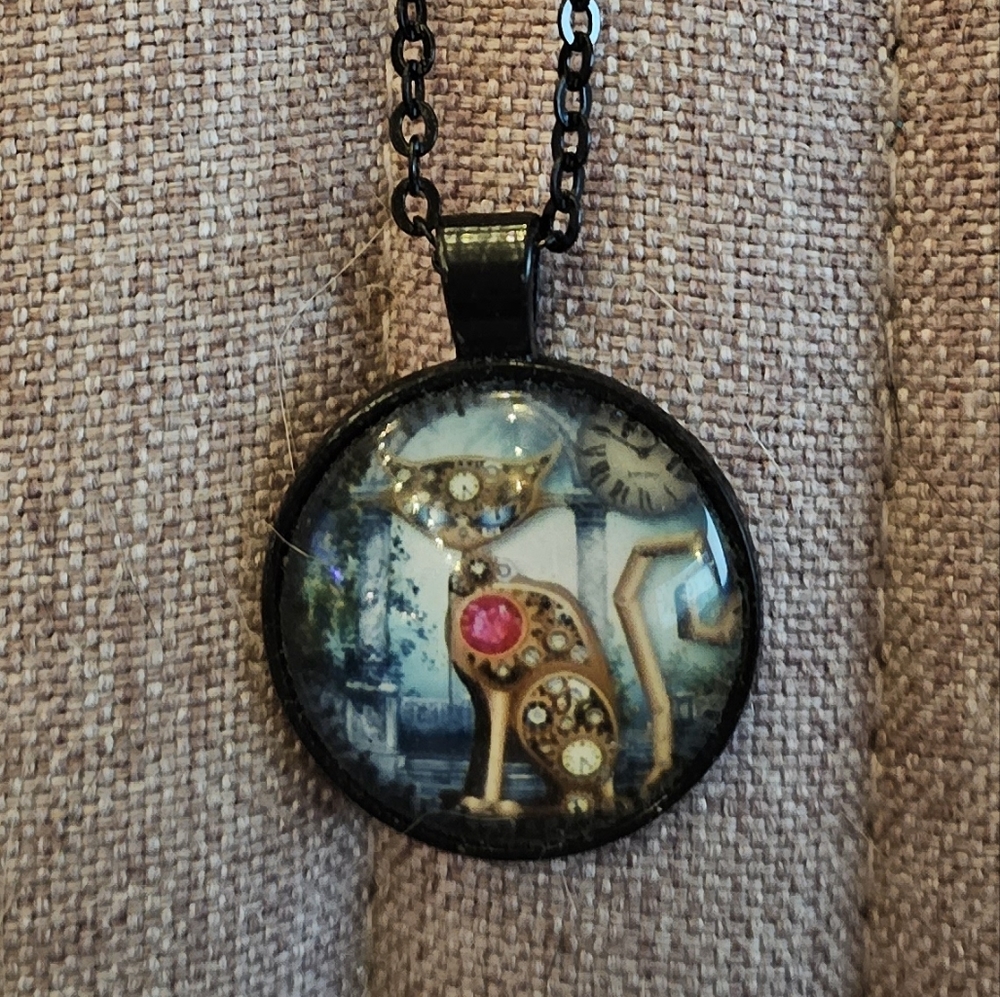 Steampunk cat pendant 11in chain